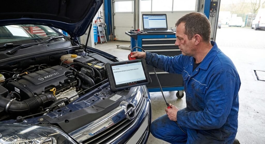Technicien automobile branchant une valise de diagnostic OBD pour lire le code défaut d'un moteur Opel