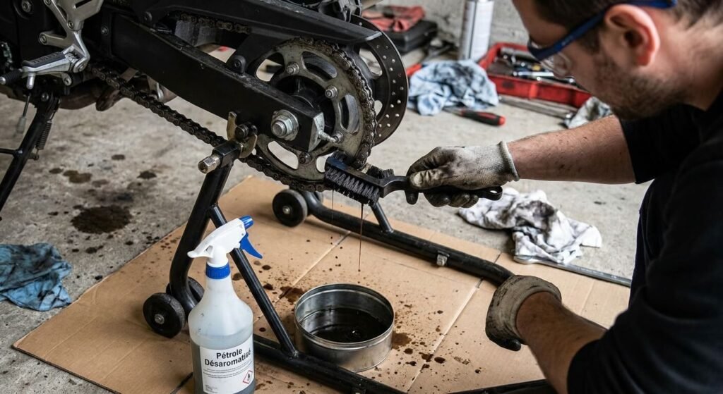 Nettoyage intensif d'un kit chaîne de moto avec une brosse spécifique et du pétrole désaromatisé