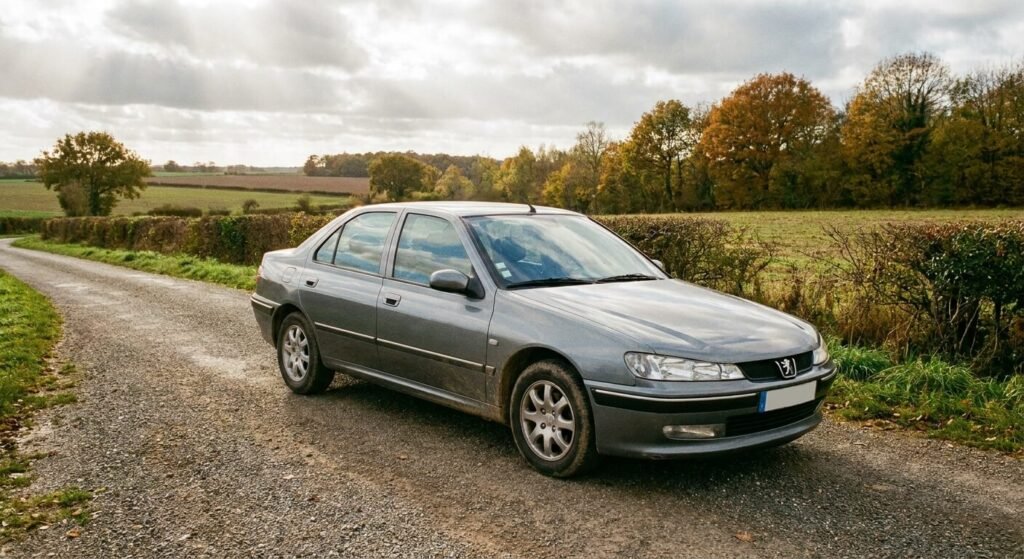 Berline Peugeot 406 phase 2 de couleur gris métallisé garée sur un chemin de campagne