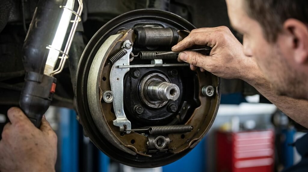 Inspection des mâchoires et du ressort de rattrapage automatique dans le tambour de frein arrière