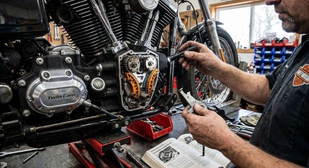 Mécanicien inspectant l'usure des patins du tendeur de chaîne de distribution sur un Twin Cam