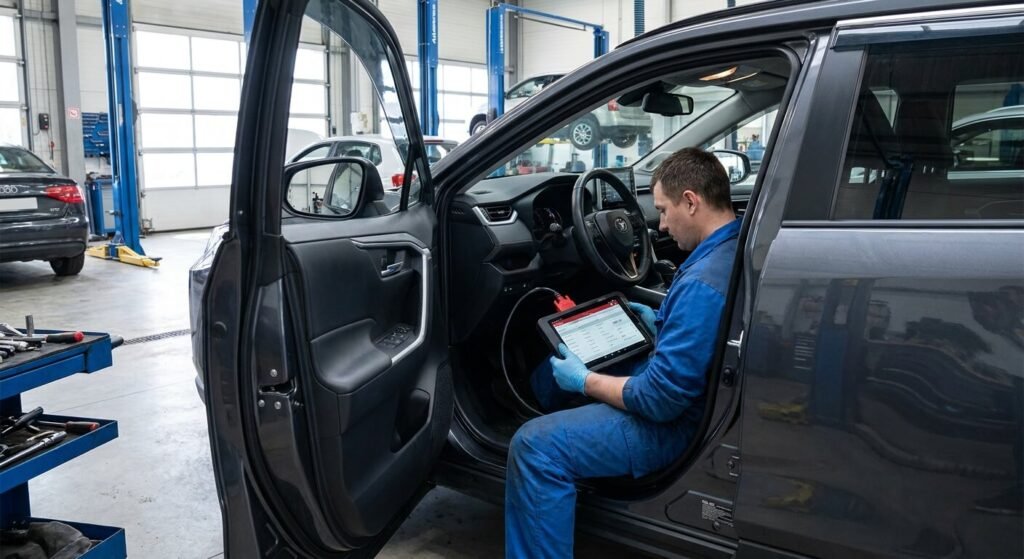 Garagiste utilisant une valise de diagnostic électronique branchée sur la prise OBD d'un SUV