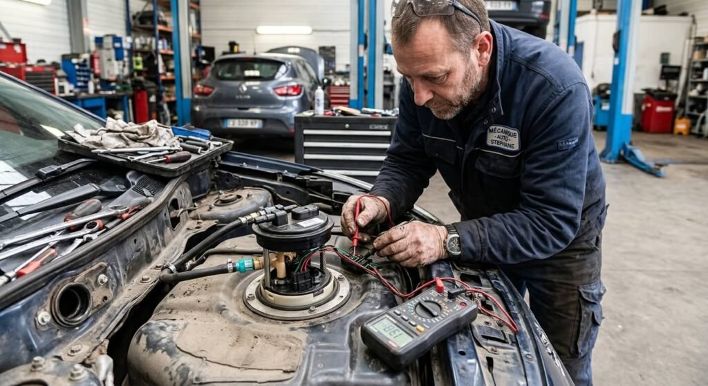 Mécanicien testant les connecteurs électriques d'une pompe de gavage au-dessus du réservoir