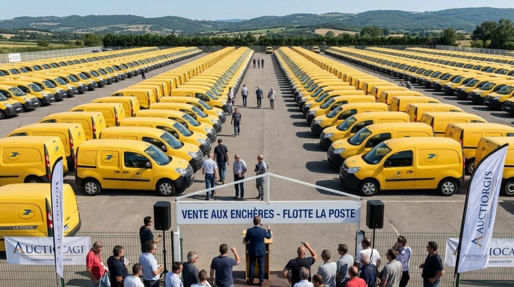 Parc de véhicules utilitaires jaunes de La Poste alignés pour une vente aux enchères