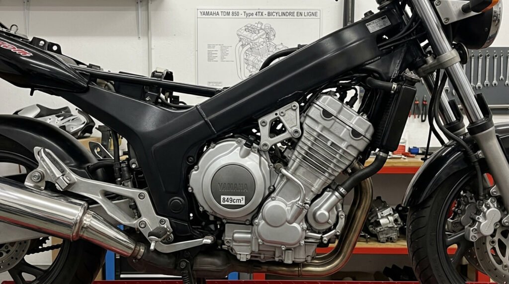 Vue latérale du moteur bicylindre en ligne d'une Yamaha TDM 850 type 4TX