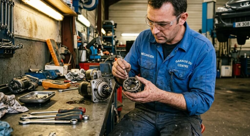 Mécanicien inspectant les galets et la cage d'une roue libre de démarreur endommagée