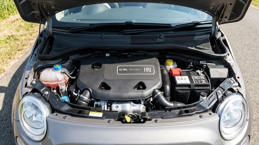 Diagnostiquer un problème de moteur sur une fiat 500 twinair 2 Vue sous le capot d'une Fiat 500 montrant le petit bloc bicylindre 0.9L TwinAir