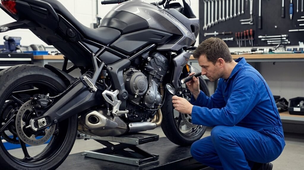 Mécanicien inspectant le carter droit du moteur trois cylindres de la Triumph Tiger Sport 660