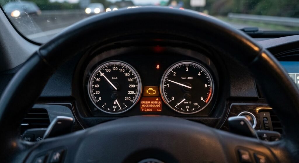 Voyant orange "check engine" allumé sur un combiné d'instruments, signe d'un mode dégradé.