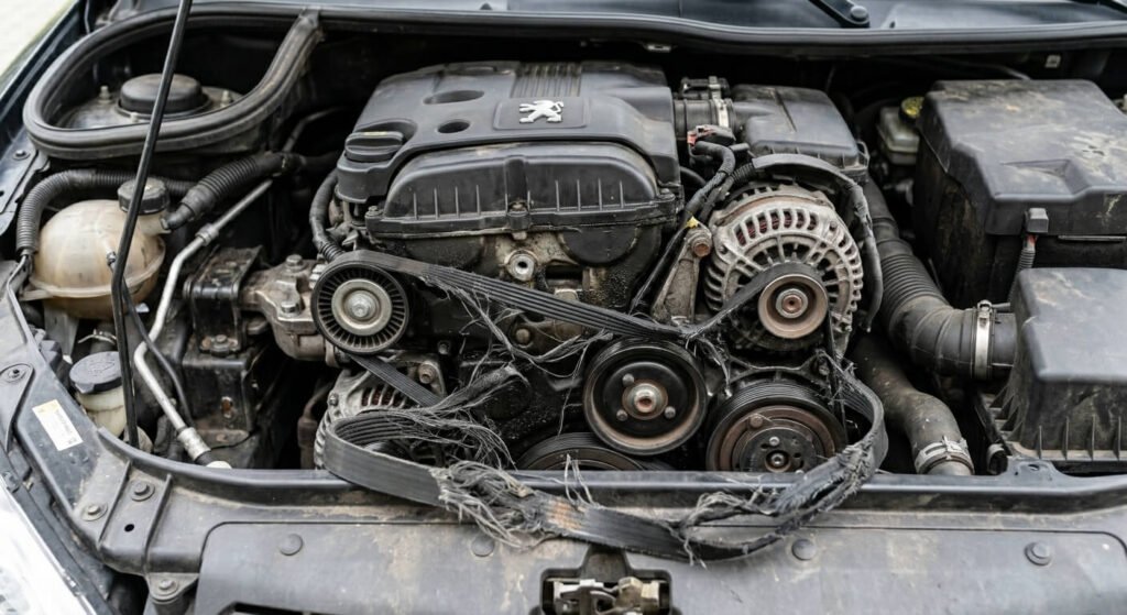 Courroie d'accessoire effilochée et rompue dans le compartiment moteur d'une voiture.