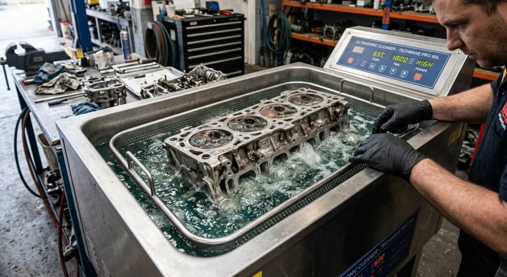Comment nettoyer une culasse sans l'endommager ? 2 Nettoyage technique d'une culasse en aluminium dans un bac à ultrasons professionnel.