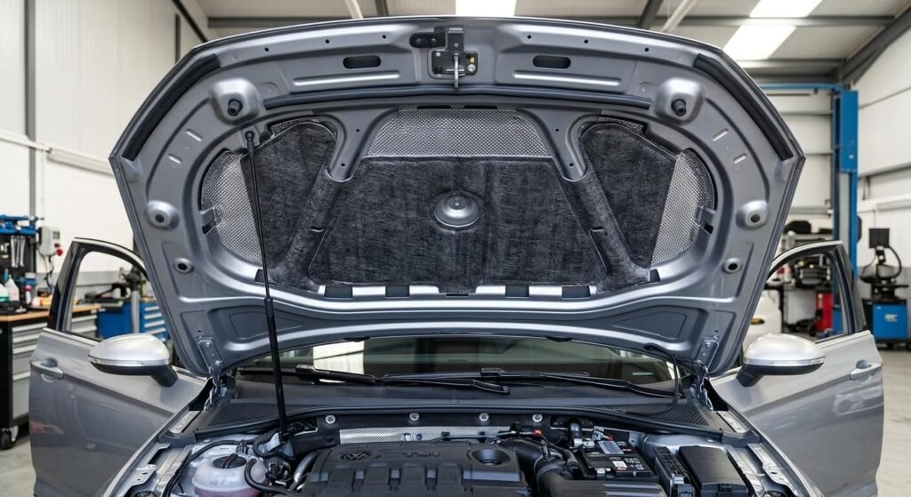 Comment insonoriser un moteur de voiture techniquement ? 2 Isolation thermique et phonique installée sous le capot d'une voiture.
