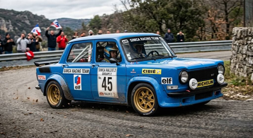 Une Simca Rallye 2 en configuration Groupe 2 avec ses extensions d'ailes rivetées.