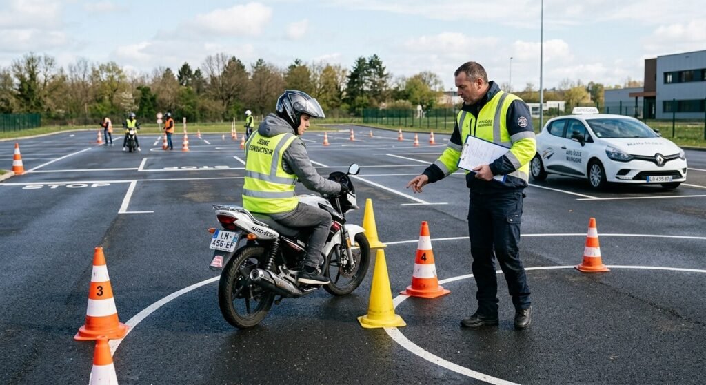 Moniteur d'auto-école encadrant un jeune conducteur lors de la phase de conduite sur plateau.