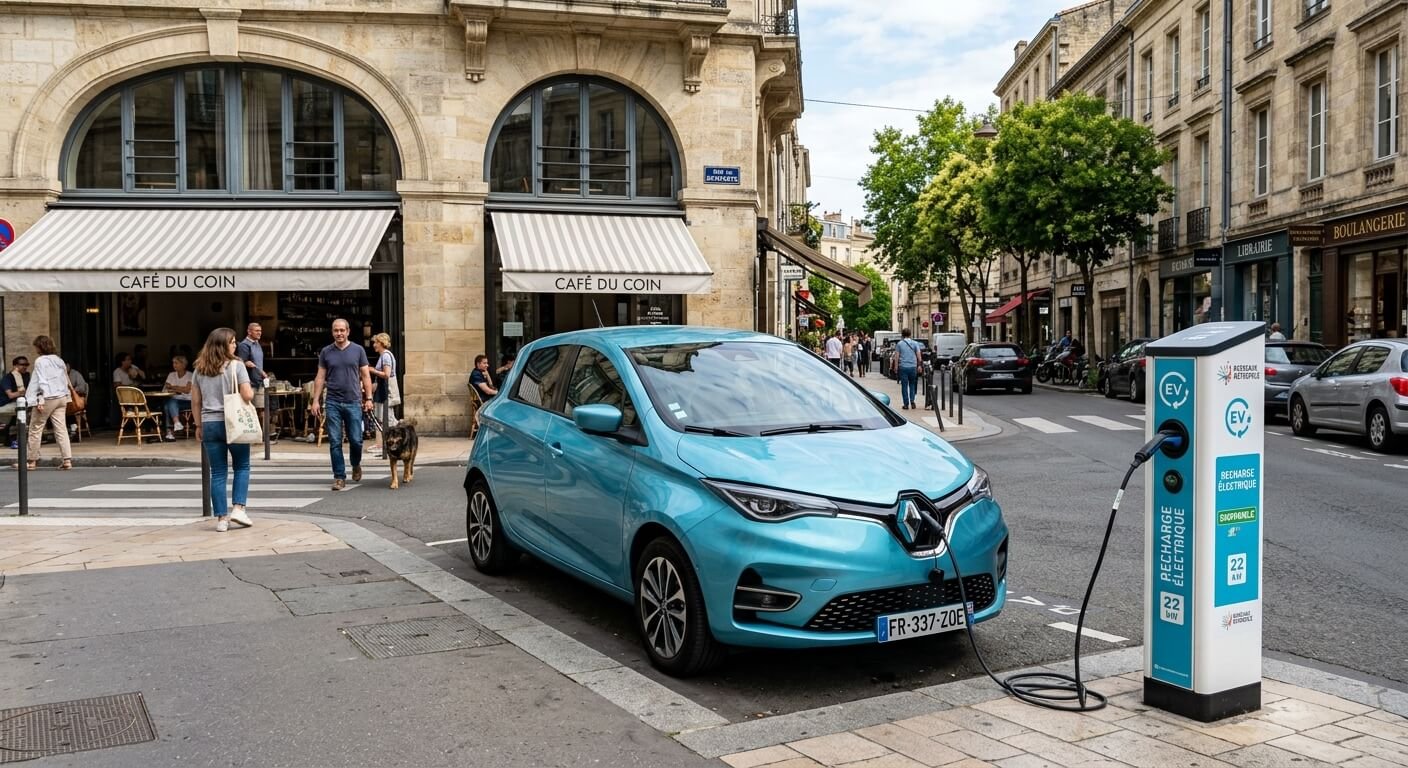 Petite voiture électrique citadine moderne garée devant une borne de recharge en ville.