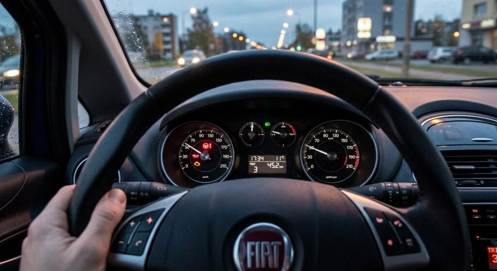 Témoin lumineux rouge en forme de volant de direction allumé sur le tableau de bord d'une Fiat Punto.