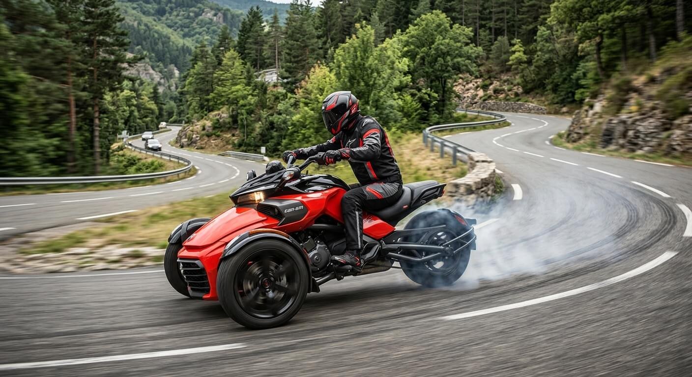 Trois-roues Can-Am Ryker 600 en pleine accélération sur une route nationale sinueuse.
