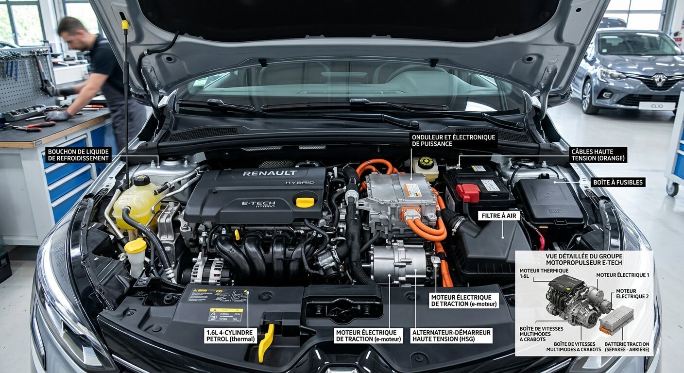 Compartiment motorisé d'une Renault Clio E-Tech combinant électricité et thermique.