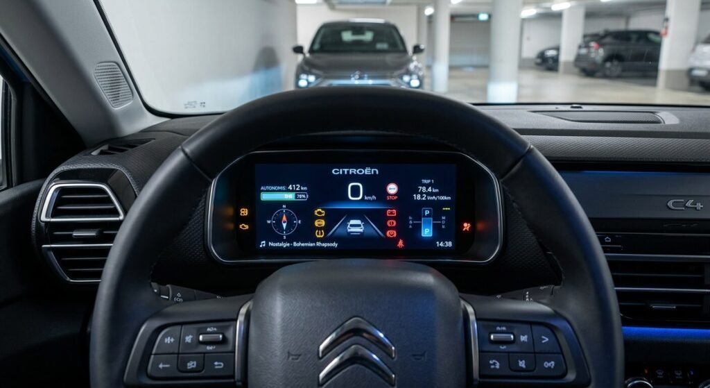 Tableau de bord digital d'une Citroën C4 allumé avec les voyants mais le moteur reste éteint.