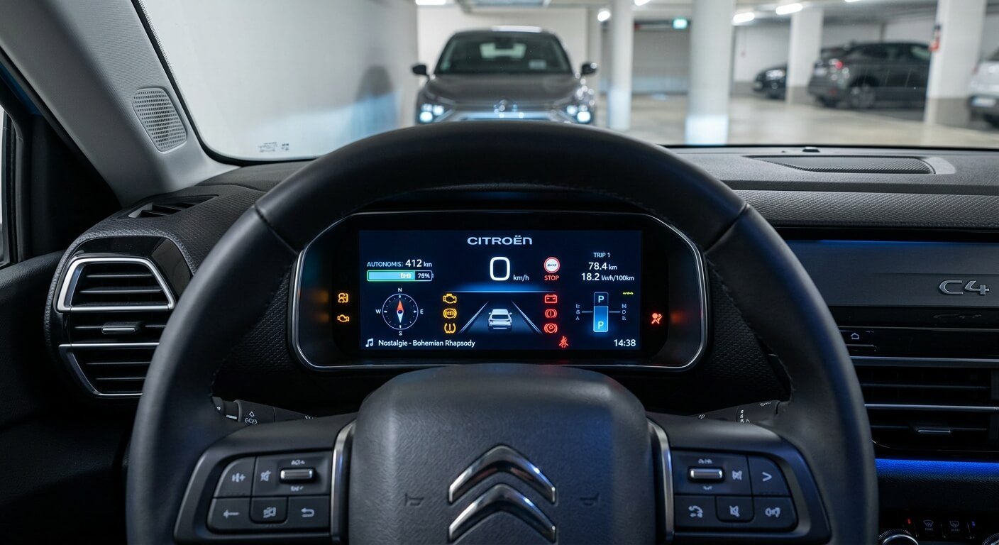 Tableau de bord digital d'une Citroën C4 allumé avec les voyants mais le moteur reste éteint.