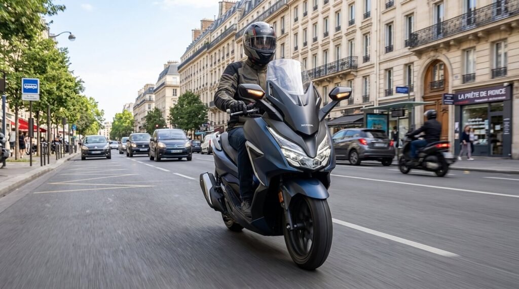 Scooter Honda Forza 350 modèle 2025 en circulation sur une avenue urbaine.