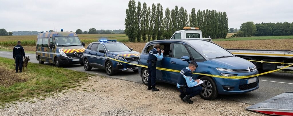 PV de restitution d'un véhicule volé : à quoi ça sert, comment l'obtenir et ce qu'il faut faire ensuite 2 Voiture volée retrouvée par les forces de l'ordre sur le point d'être examinée par la gendarmerie.