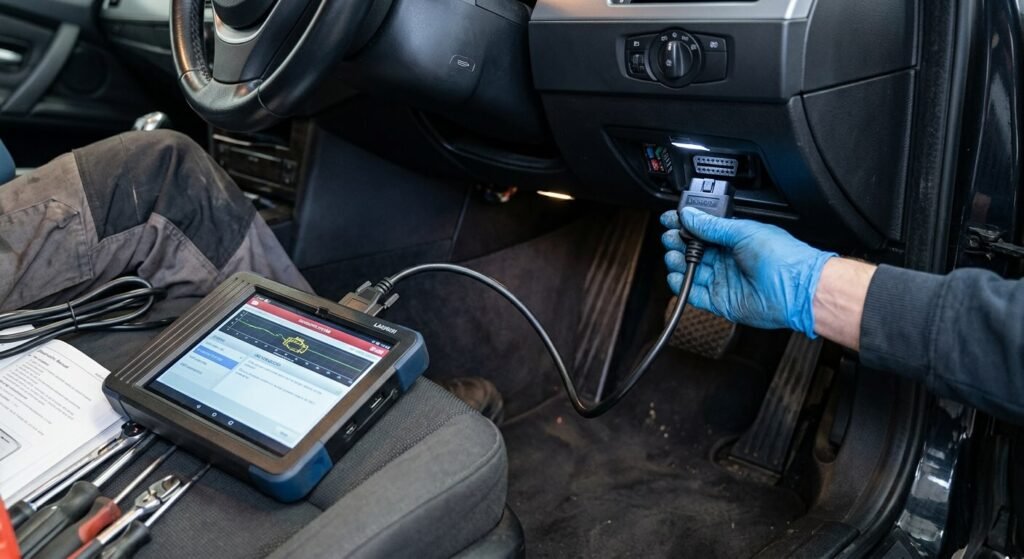 Pourquoi l'opacite du systeme obd inquiète-t-elle les réparateurs ? 2 Connexion d'une valise de diagnostic électronique multimarque sur la prise OBD située sous le tableau de bord.