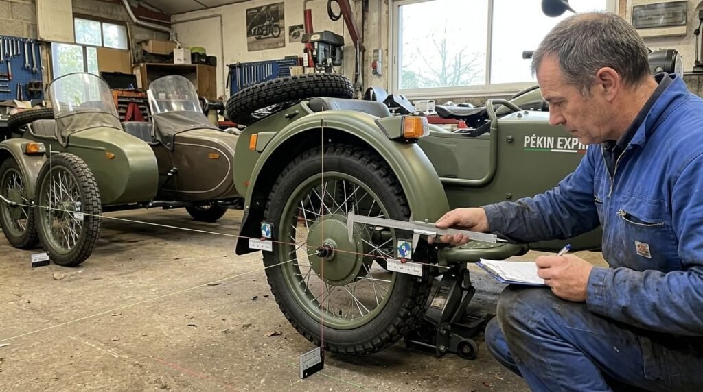 Mécanicien mesurant le pincement et l'alignement de la roue du panier sur un châssis de side-car