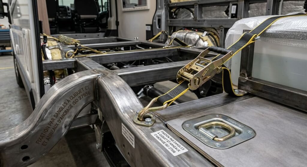 Moto pour soute de camping-car : comment choisir et transporter votre deux-roues en toute sécurité 4 Fixation par sangles à cliquet et anneaux d'ancrage ISO 27956 dans un châssis de véhicule de loisirs