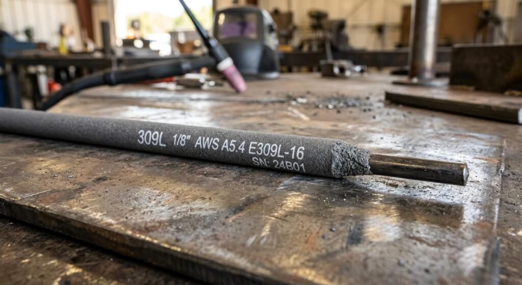 Souder de l'acier sur de l'inox : est ce possible ? 3 Gros plan sur une baguette de métal d'apport 309L avec son enrobage, utilisée spécifiquement pour le soudage hétérogène