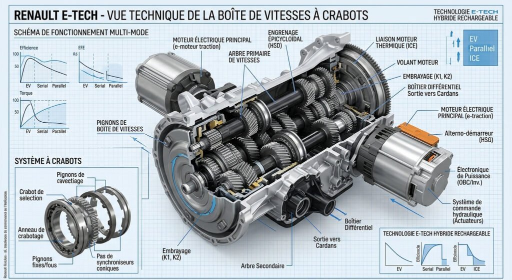 Vue technique de la boîte de vitesses à crabots du système hybride Renault E-Tech.