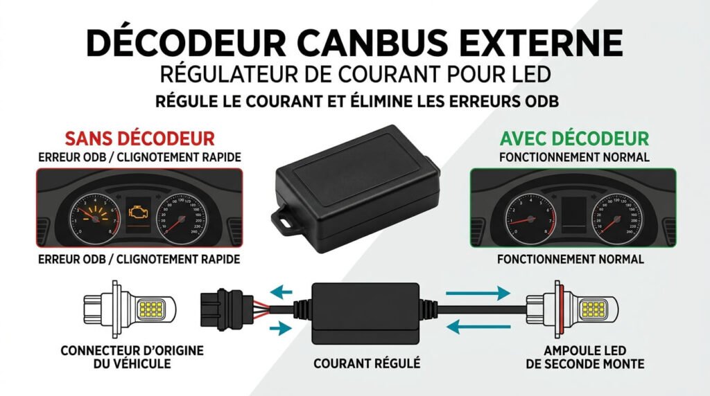 Décodeur Canbus externe pour réguler le courant des ampoules LED de seconde monte.