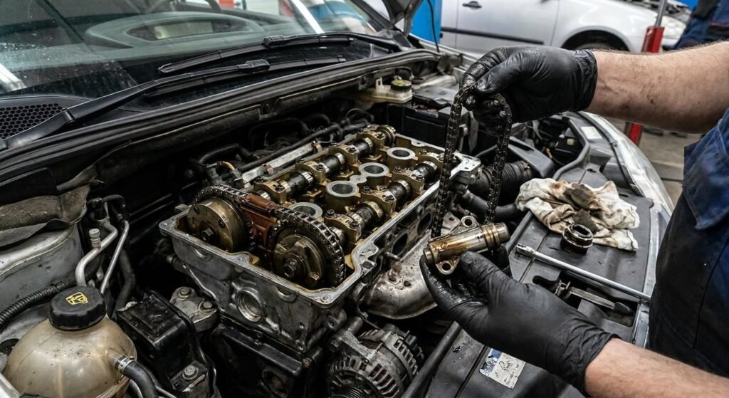 Moteur Citroën C4 VTi 120 : quels sont les problèmes les plus courants ? 3 Inspection de la chaîne de distribution et du tendeur hydraulique défectueux sur un moteur VTi
