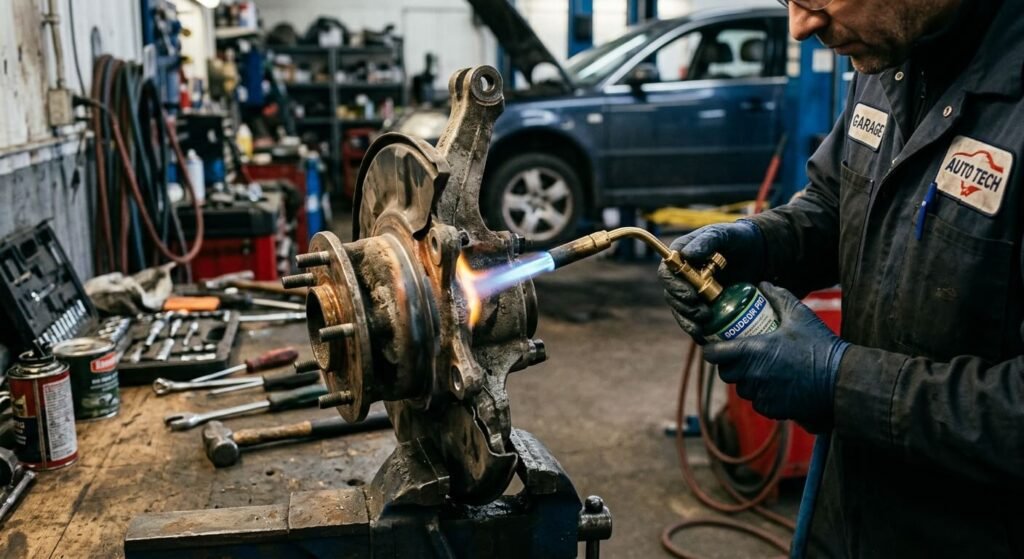 Application technique d'une lampe à souder pour dilater le porte-moyeu.