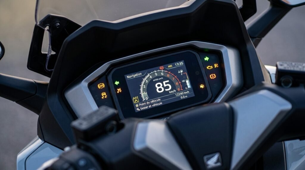 Gros plan sur le nouvel écran connecté TFT du tableau de bord du Forza 350.
