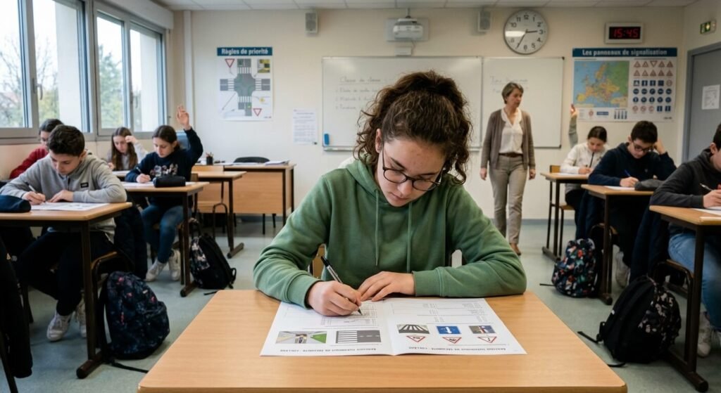 Élève passant l'épreuve théorique de sécurité routière en milieu scolaire.