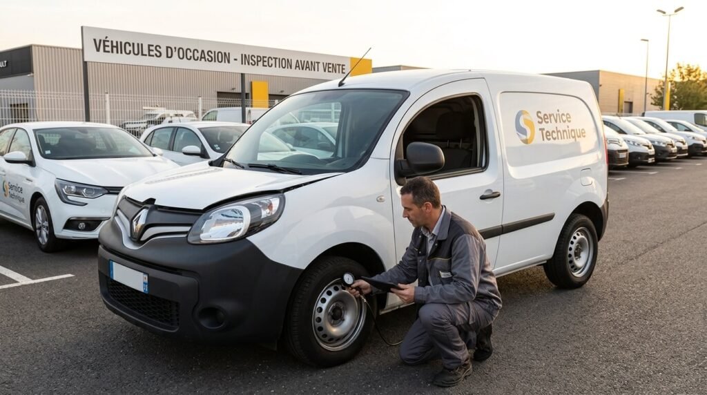Expert vérifiant l'état d'un Renault Kangoo d'entreprise avant sa mise en vente