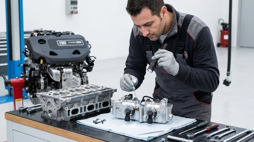 Diagnostiquer un problème de moteur sur une fiat 500 twinair 3 Mécanicien inspectant le module électro-hydraulique MultiAir démonté de la culasse du moteur TwinAir
