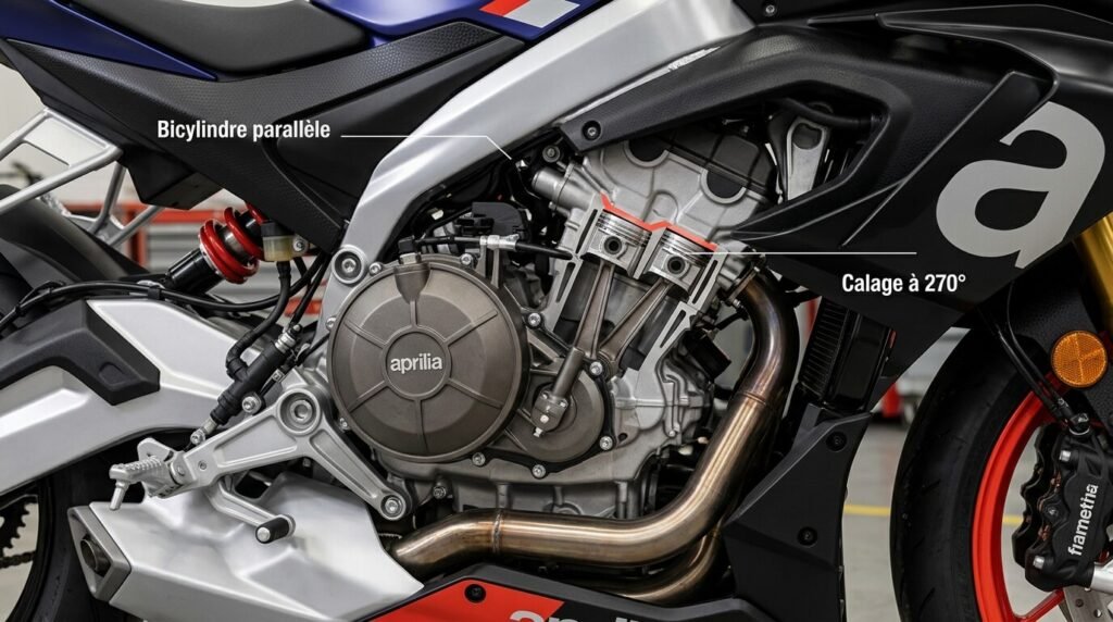 Aprilia RS 660 fiabilité : bilan honnête et retours 3 Vue détaillée du moteur bicylindre calé à 270 degrés de l'Aprilia RS 660.