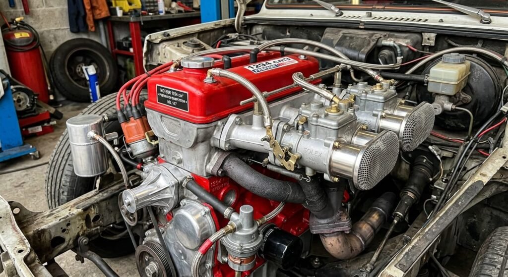 Moteur 1294 cm3 préparé avec ses deux carburateurs Solex horizontaux.