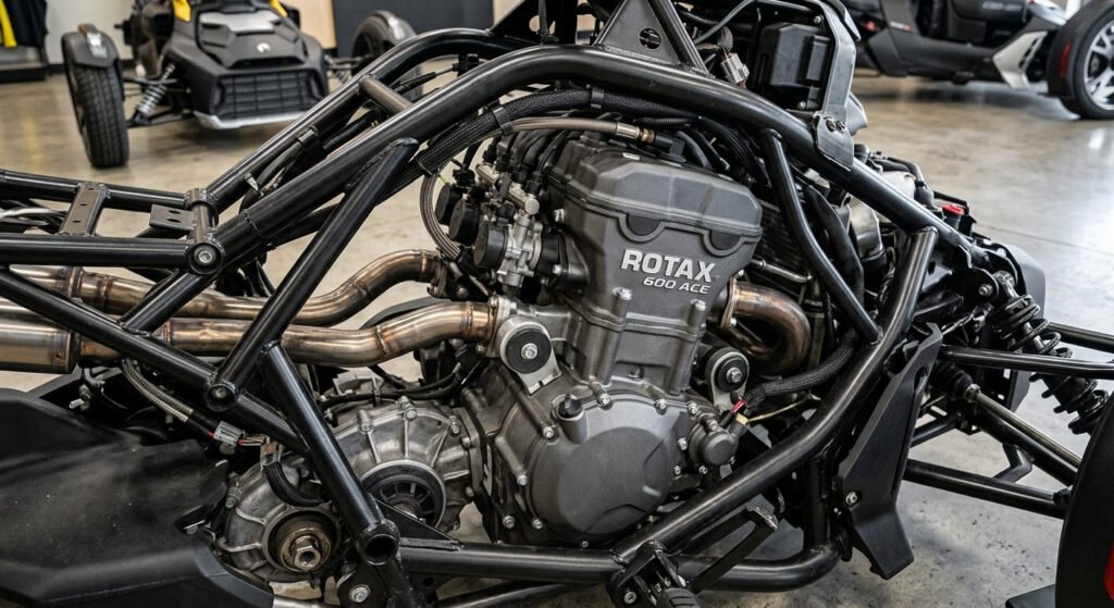 Gros plan sur le bloc moteur bicylindre Rotax 600 installé sur le châssis du Ryker.