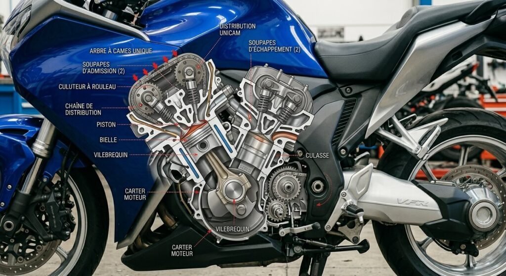 Honda VFR 1200 : tous les problèmes connus et points faibles 3 Vue en coupe du puissant moteur V4 de la Honda VFR 1200 montrant la distribution Unicam