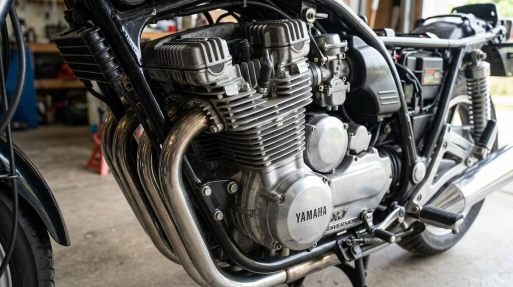 Yamaha 900 Diversion fiabilité : bilan complet d'une routière increvable à petit prix 3 Vue latérale du moteur quatre cylindres à refroidissement par air de la Yamaha XJ 900.