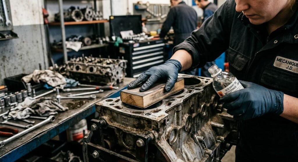 Comment nettoyer une culasse sans l'endommager ? 3 Utilisation d'une cale de ponçage et d'un solvant pour rectifier le plan de joint.
