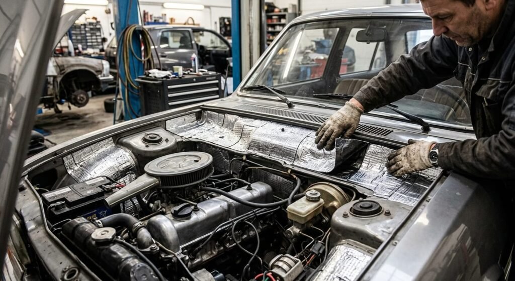 Comment insonoriser un moteur de voiture techniquement ? 3 Application de plaques insonorisantes auto-adhésives sur le tablier moteur.
