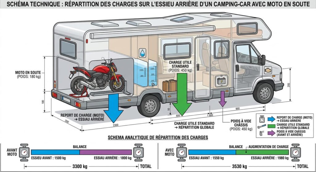 Moto pour soute de camping-car : comment choisir et transporter votre deux-roues en toute sécurité 3 Schéma technique de la répartition des charges sur l'essieu arrière d'un camping-car avec moto en soute