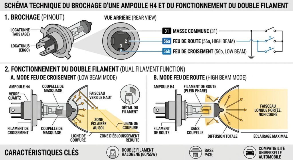 Schéma technique du brochage d'une ampoule H4 et du fonctionnement du double filament.