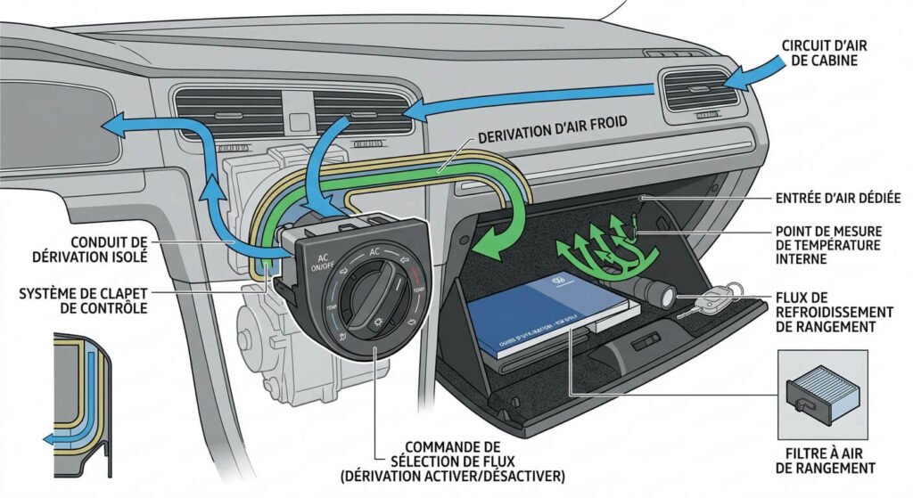 Schéma technique du circuit d'air froid derivé vers le rangement de bord.