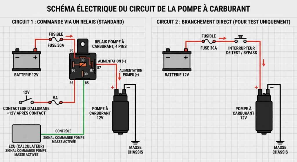 Branchement pompe de gavage en direct : schéma, étapes et précautions à respecter 3 Schéma électrique montrant le circuit du relais et le branchement direct d'une pompe à carburant