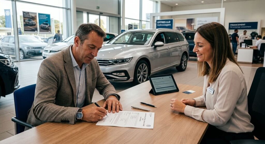 Signature d'un contrat de LLD pour grand rouleur chez un concessionnaire.